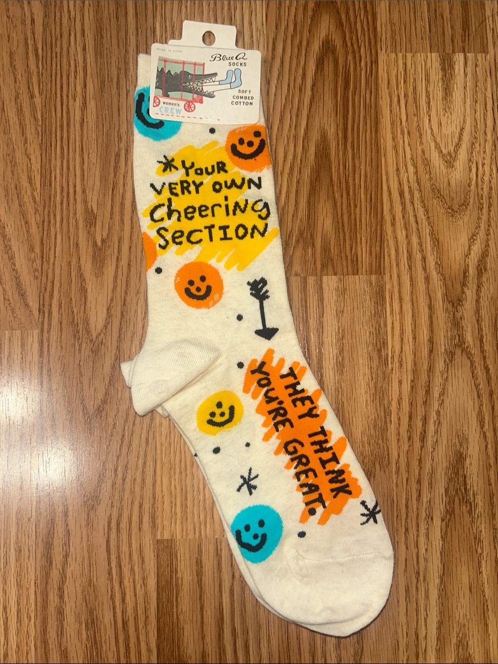 NWT Blue Q Encouragement Socks with Orange, Yellow, Teal & Black Smiley Design